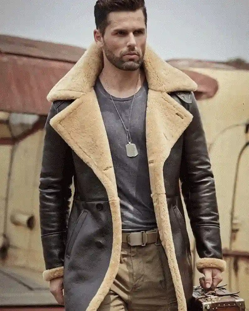 Mens long shearling jacket best sale