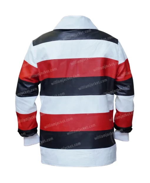 LV Red Leather Sleeve Intarsia Rugby Polo Jacket Back