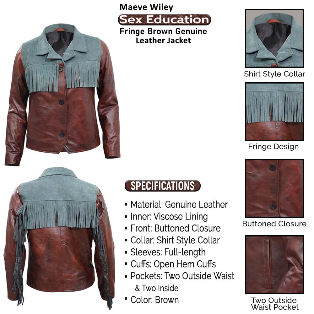 Maeve Wiley Sex Education Fringe Brown Genuine Leather Jacket