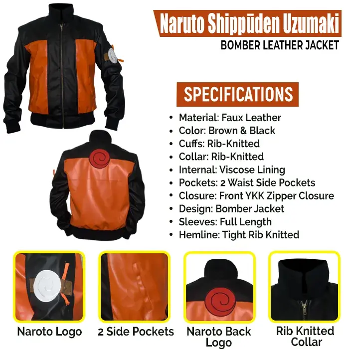 Naruto Shippūden Uzumaki Brown and Black Bomber Leather Jacket Infographic