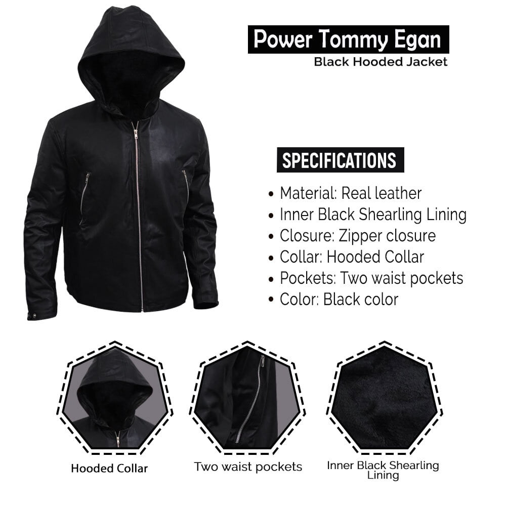 Power Tommy Egan Hooded Black Leather Jacket