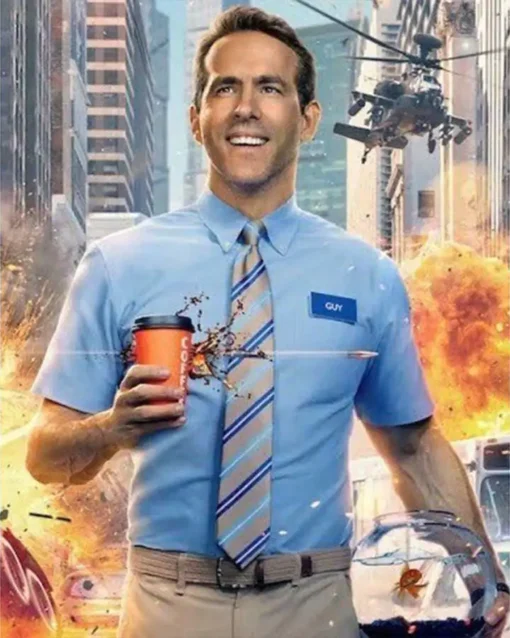 Ryan Reynolds Free Guy Tie and Blue Shirt