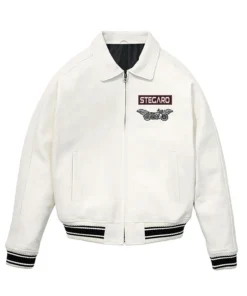 Shop Stegaro Bomber White Leather Jacket