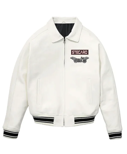 Shop Stegaro Bomber White Leather Jacket