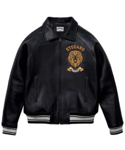 Stegaro Black Leather Varsity Jacket