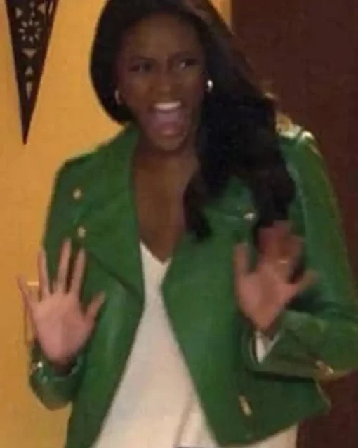 The Bachelorette Charity Lawson Green Biker Leather Jacket - Image 2