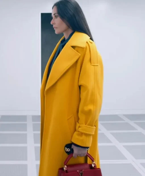 The Substance 2024 Demi Moore Yellow Coat Side