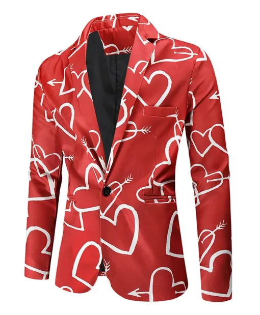 Valentines Day Hearts Printed Red Blazer For Men on Sale