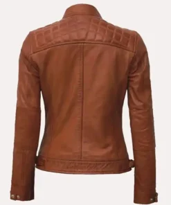 Womens Motorcycle Slim Fit Tan Brown Quilted Leather Jacket For Sale