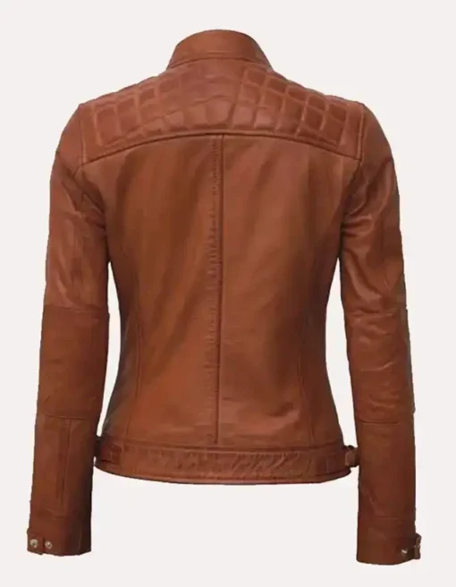 Womens Motorcycle Slim Fit Tan Brown Quilted Leather Jacket For Sale