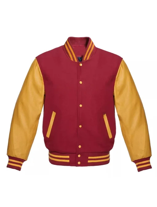 burgundy and gold varsity jacket