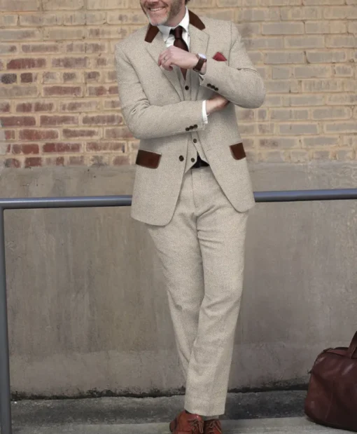 David Vintage Style Tweed Beige Suit For Mens - Image 3