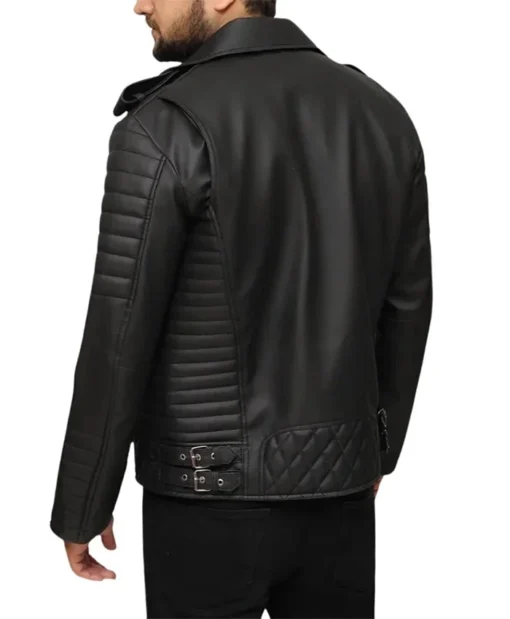 Biker Quilted Black Asymmetrical Leather Jacket Back