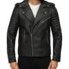 Biker Quilted Black Asymmetrical Leather Jacket Side