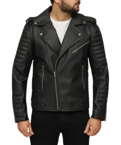 Biker Quilted Black Asymmetrical Leather Jacket Side