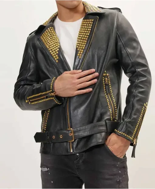 Black And Gold Lambskin Leather Jacket With Pyramid Studs