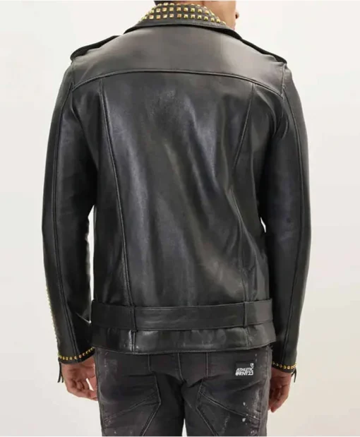 Black And Gold Lambskin Leather Jacket With Pyramid Studs Back