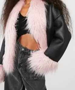 Black Leather Jacket With Pink Fur