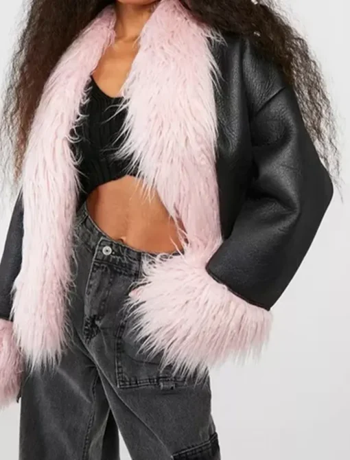 Black Leather Jacket With Pink Fur