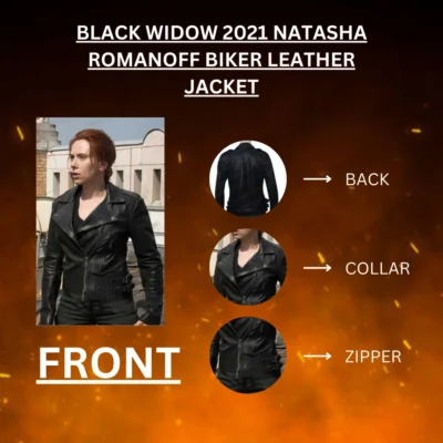 Black Widow 2021 Natasha Romanoff Biker Leather Jacket Infograhpics