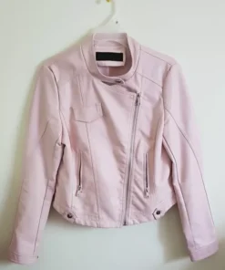 Casual Spring Slim Ladies Pink And White Leather Jacket