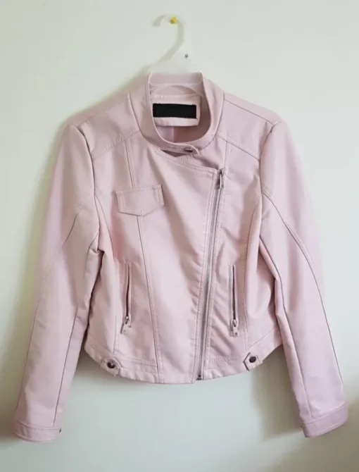 Casual Spring Slim Ladies Pink And White Leather Jacket