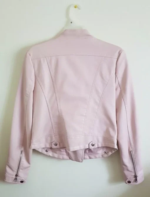 Casual Spring Slim Ladies Pink And White Leather Jacket Back