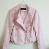 Casual Spring Slim Ladies Pink And White Leather Jacket Front