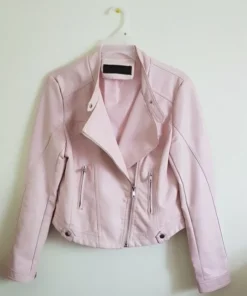 Casual Spring Slim Ladies Pink And White Leather Jacket Front