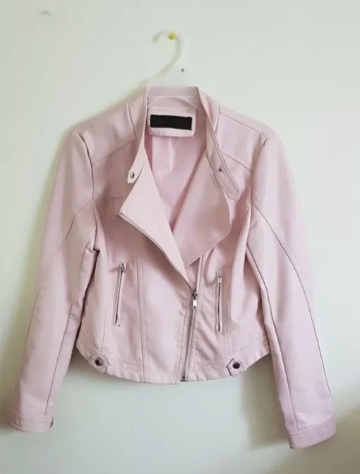 Casual Spring Slim Ladies Pink And White Leather Jacket Front