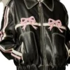 Classic Cafe Racer Black Leather Jacket With Pink Bows Classic Collar