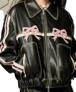 Classic Cafe Racer Black Leather Jacket With Pink Bows Classic Collar