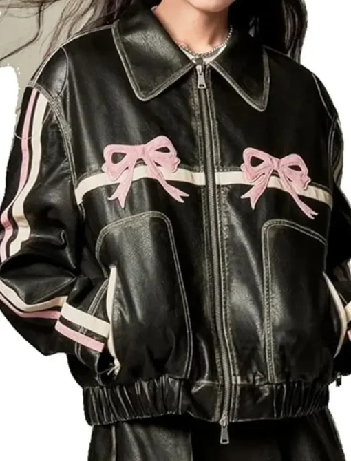 Classic Cafe Racer Black Leather Jacket With Pink Bows Classic Collar