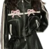 Classic Cafe Racer Black Leather Jacket With Pink Bows Classic Collar Front