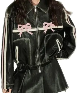 Classic Cafe Racer Black Leather Jacket With Pink Bows Classic Collar Front