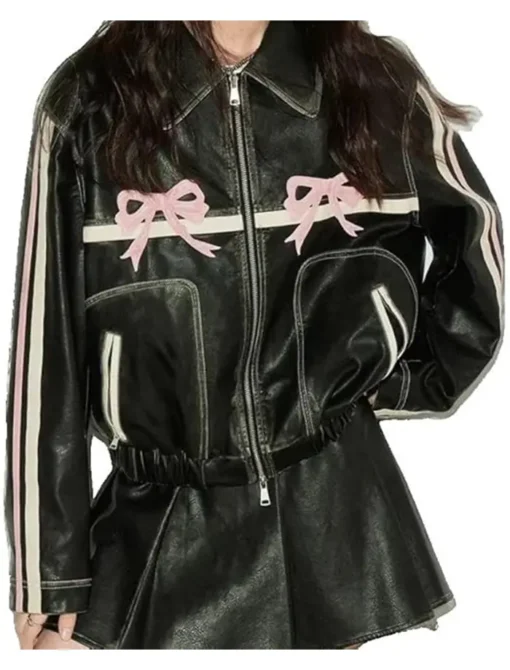 Classic Cafe Racer Black Leather Jacket With Pink Bows Classic Collar Front