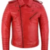 Classic Mens Red Leather Motorcycle Jacket With Notch Style Collar