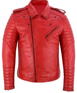 Classic Mens Red Leather Motorcycle Jacket With Notch Style Collar