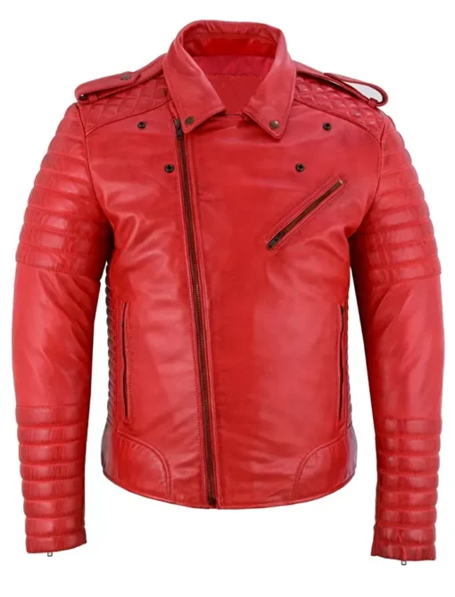 Classic Mens Red Leather Motorcycle Jacket With Notch Style Collar