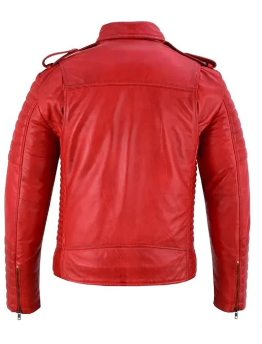 Classic Mens Red Leather Motorcycle Jacket With Notch Style Collar Back