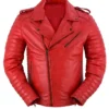 Classic Mens Red Leather Motorcycle Jacket With Notch Style Collar Front