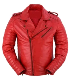 Classic Mens Red Leather Motorcycle Jacket With Notch Style Collar Front