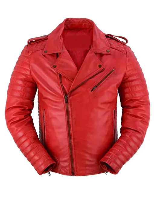 Classic Mens Red Leather Motorcycle Jacket With Notch Style Collar Front