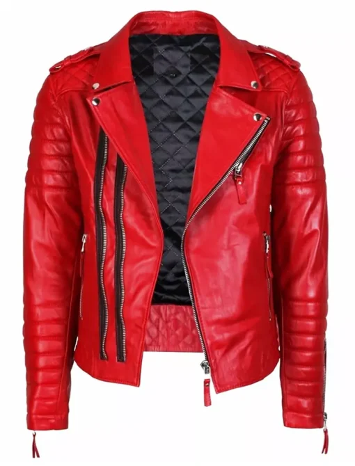 Classic Red Leather Motorcycle Jacket Zipper Style