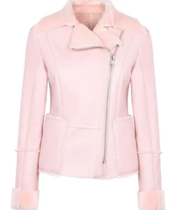 Classic Vintage Moto Lapel Style Collar Pink Leather Fur Jacket