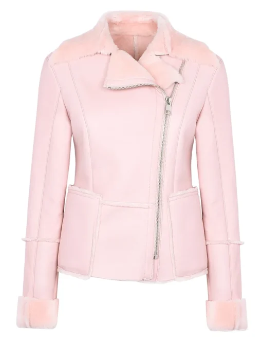 Classic Vintage Moto Lapel Style Collar Pink Leather Fur Jacket