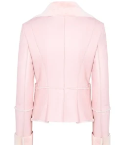 Classic Vintage Moto Lapel Style Collar Pink Leather Fur Jacket Back