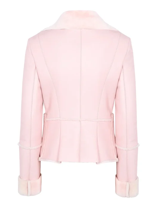 Classic Vintage Moto Lapel Style Collar Pink Leather Fur Jacket Back