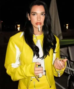 Dua Lipa Spongebob Leather Yellow Jacket