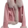 Leather Jacket With Pink Fur Open Hem Front With Fur Cuffs